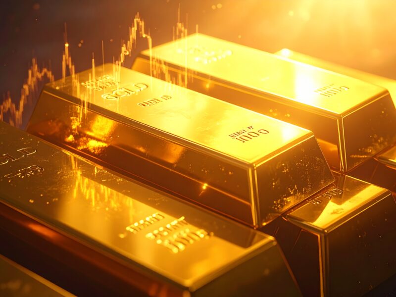 Gold bars stacked with rising price chart overlay