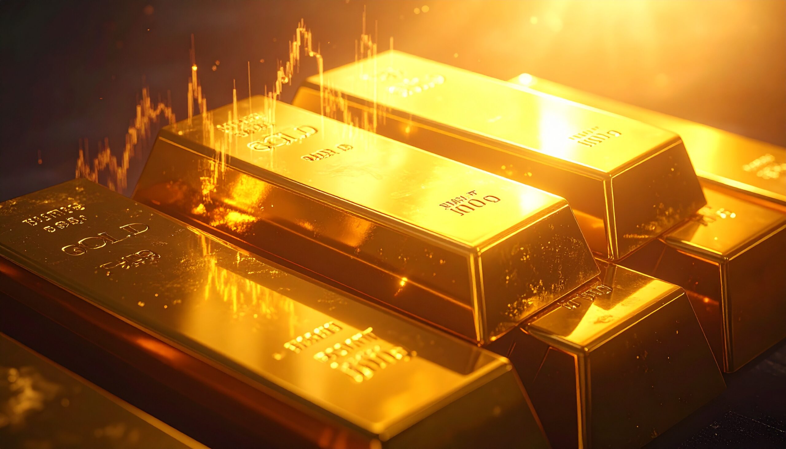 Gold bars stacked with rising price chart overlay