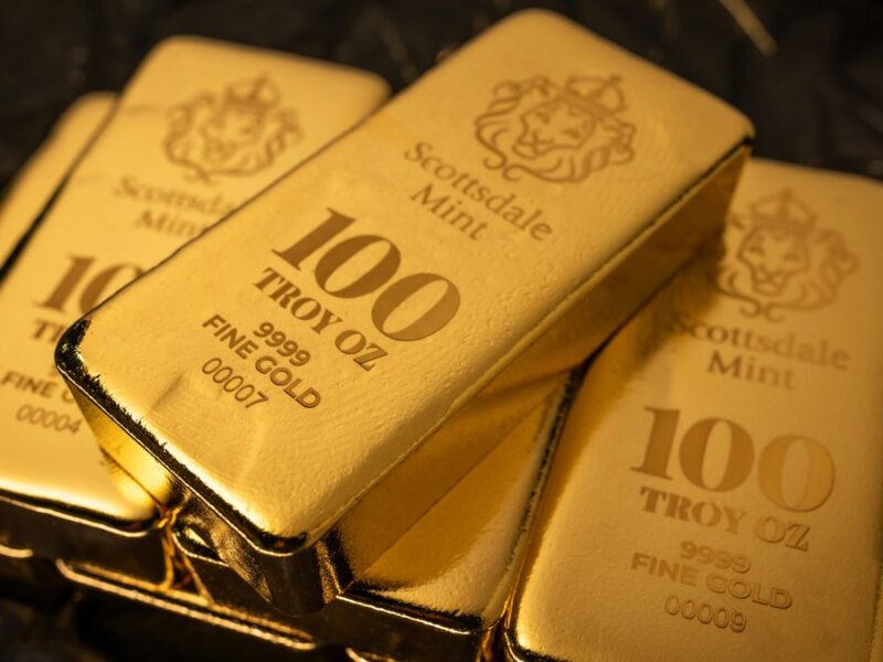 Close-up of 100 troy ounce gold bars