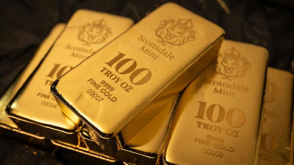 Close-up of 100 troy ounce gold bars